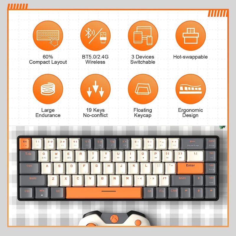 60% Wireless Mechanical Keyboard Bluetooth Dual Mode Hot-Swappable Mini 68-Key Red Switch for PC PS4 Xbox iPhone iPad - Image 4