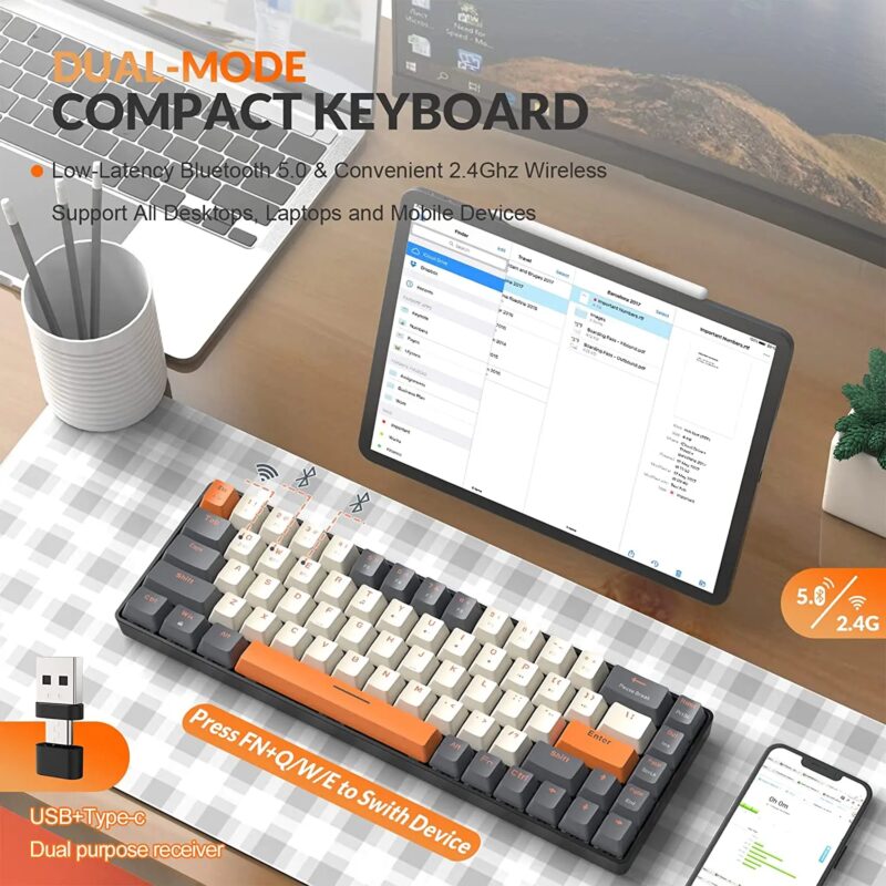60% Wireless Mechanical Keyboard Bluetooth Dual Mode Hot-Swappable Mini 68-Key Red Switch for PC PS4 Xbox iPhone iPad - Image 2