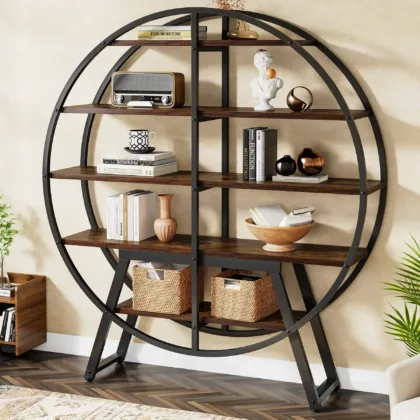 Tribesigns Industrial Bookshelf Etagere Bookcase: 67 Inches 5 Tiers Round Bookshelves for Living Room